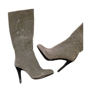 Gray suede-like knee-high stiletto boots with rhinestone embellishments
